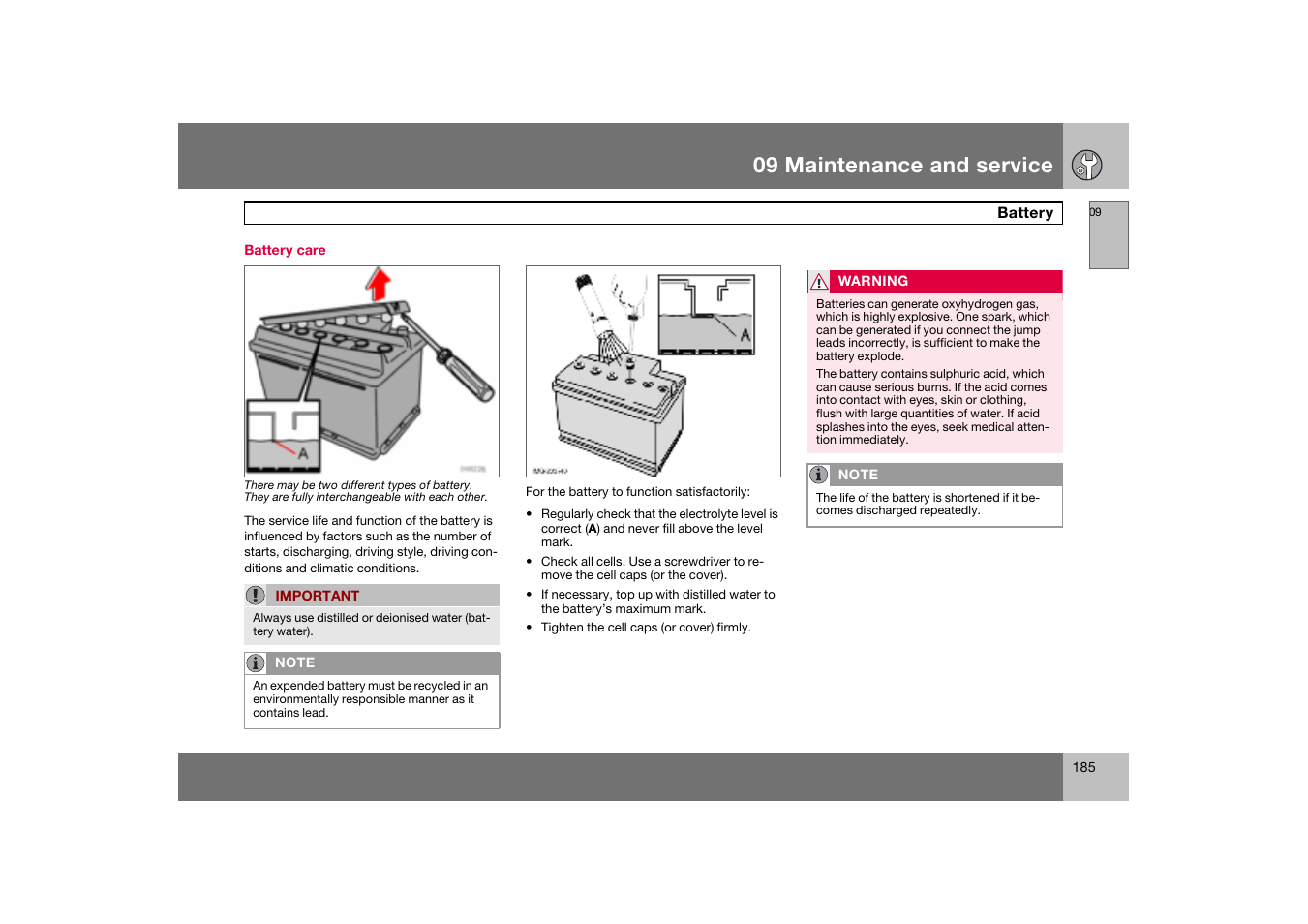 Battery care, Battery, 09 maintenance and service | Volvo S60 S60R User Manual | Page 186 / 265