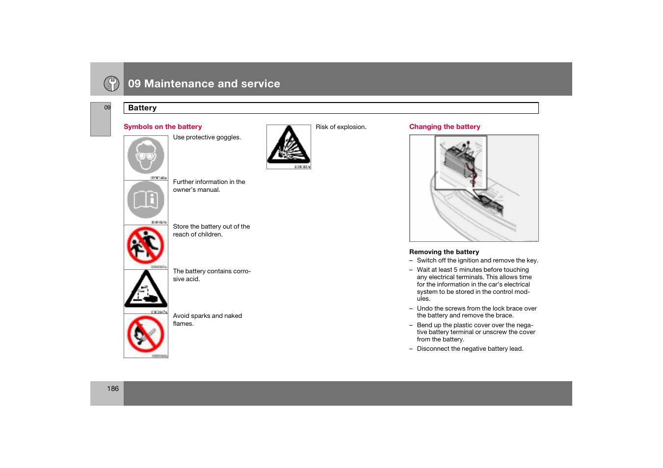 Symbols on the battery, Changing the battery, 09 maintenance and service | Volvo S60 S60R User Manual | Page 187 / 265