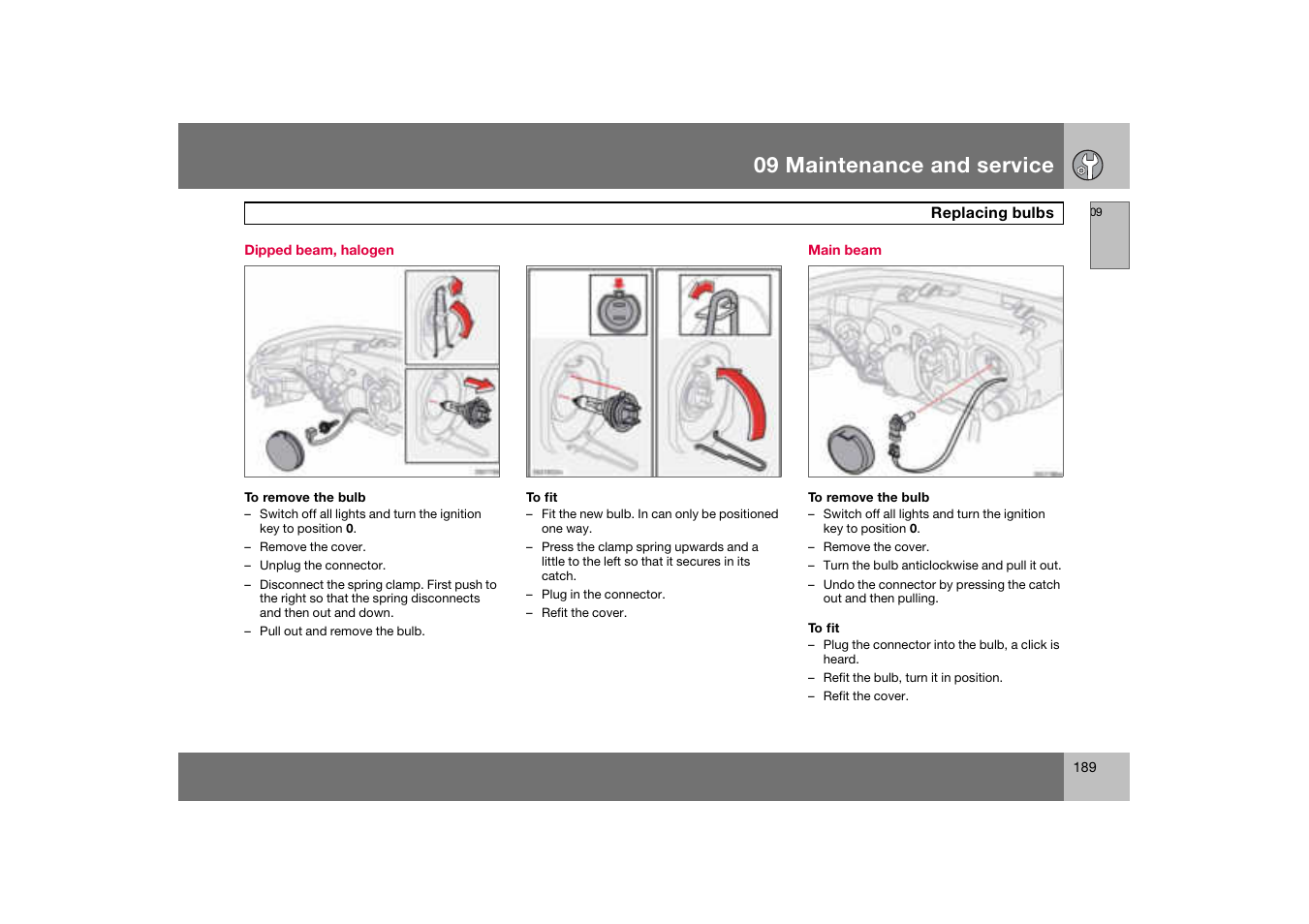 Dipped beam, halogen, Main beam, 09 maintenance and service | Volvo S60 S60R User Manual | Page 190 / 265