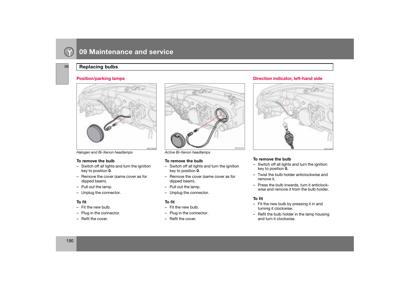 Position/parking lamps, Direction indicator, left-hand side, 09 maintenance and service | Volvo S60 S60R User Manual | Page 191 / 265