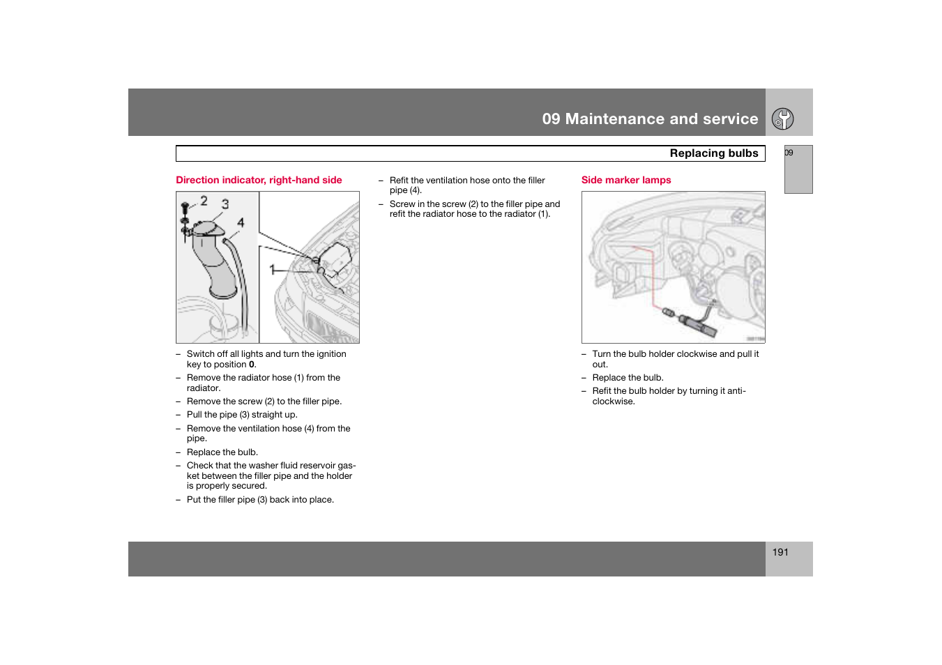 Direction indicator, right-hand side, Side marker lamps, 09 maintenance and service | Volvo S60 S60R User Manual | Page 192 / 265