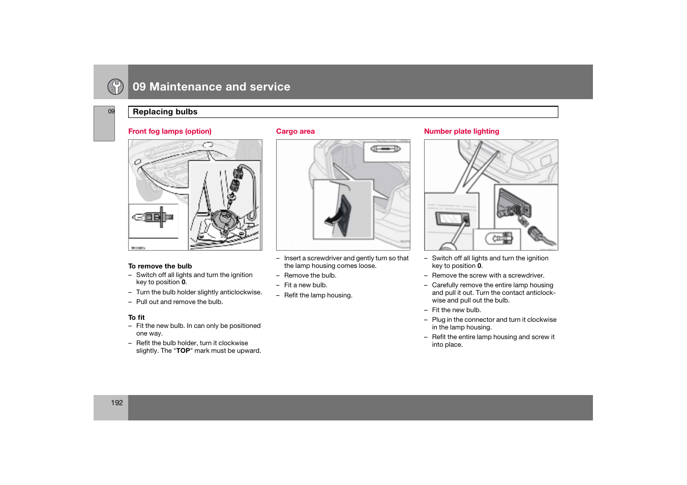 Front fog lamps (option), Cargo area, Number plate lighting | 09 maintenance and service | Volvo S60 S60R User Manual | Page 193 / 265