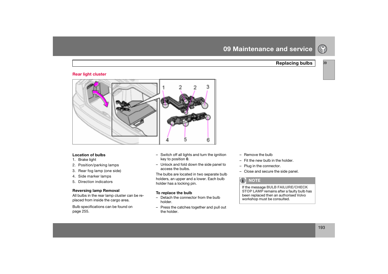 Rear light cluster, 09 maintenance and service | Volvo S60 S60R User Manual | Page 194 / 265