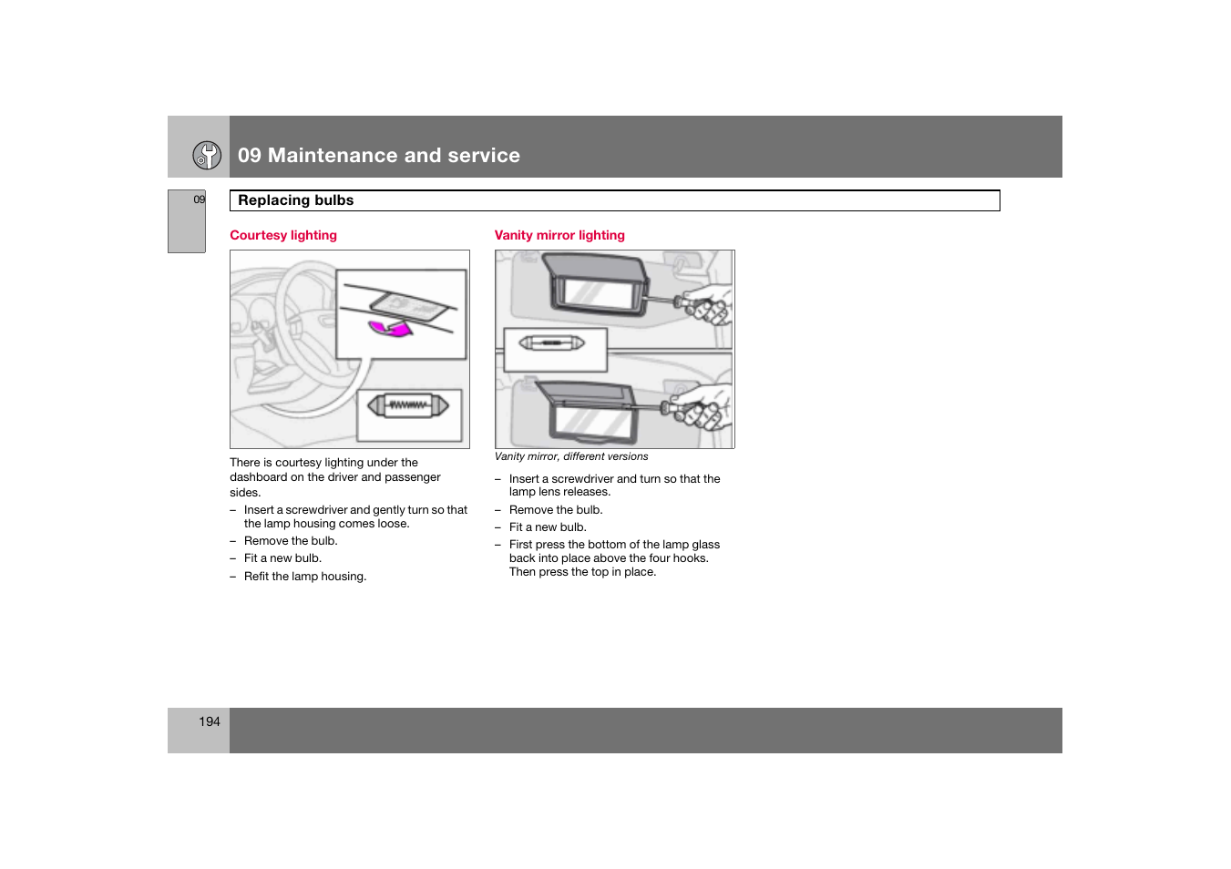 Courtesy lighting, Vanity mirror lighting, 09 maintenance and service | Volvo S60 S60R User Manual | Page 195 / 265