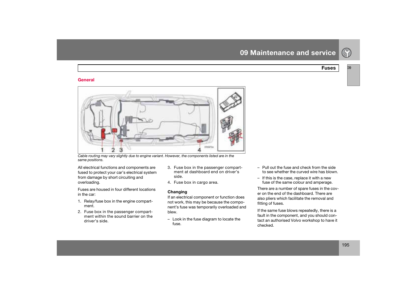 General, Fuses, 09 maintenance and service | Volvo S60 S60R User Manual | Page 196 / 265