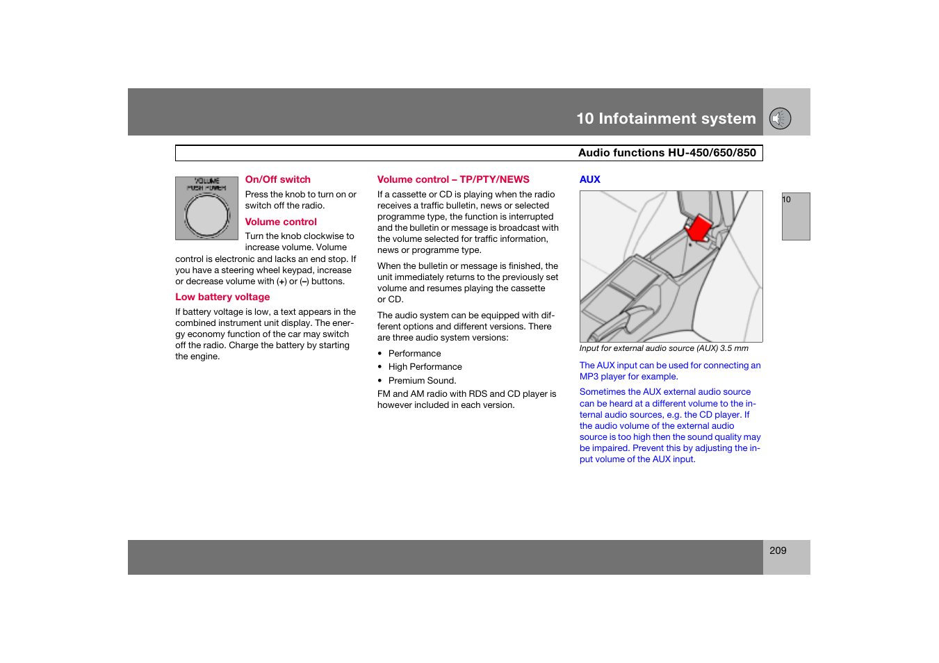 On/off switch, Volume control - tp/pty/news, Audio functions hu-450/650/850 | 10 infotainment system | Volvo S60 S60R User Manual | Page 210 / 265