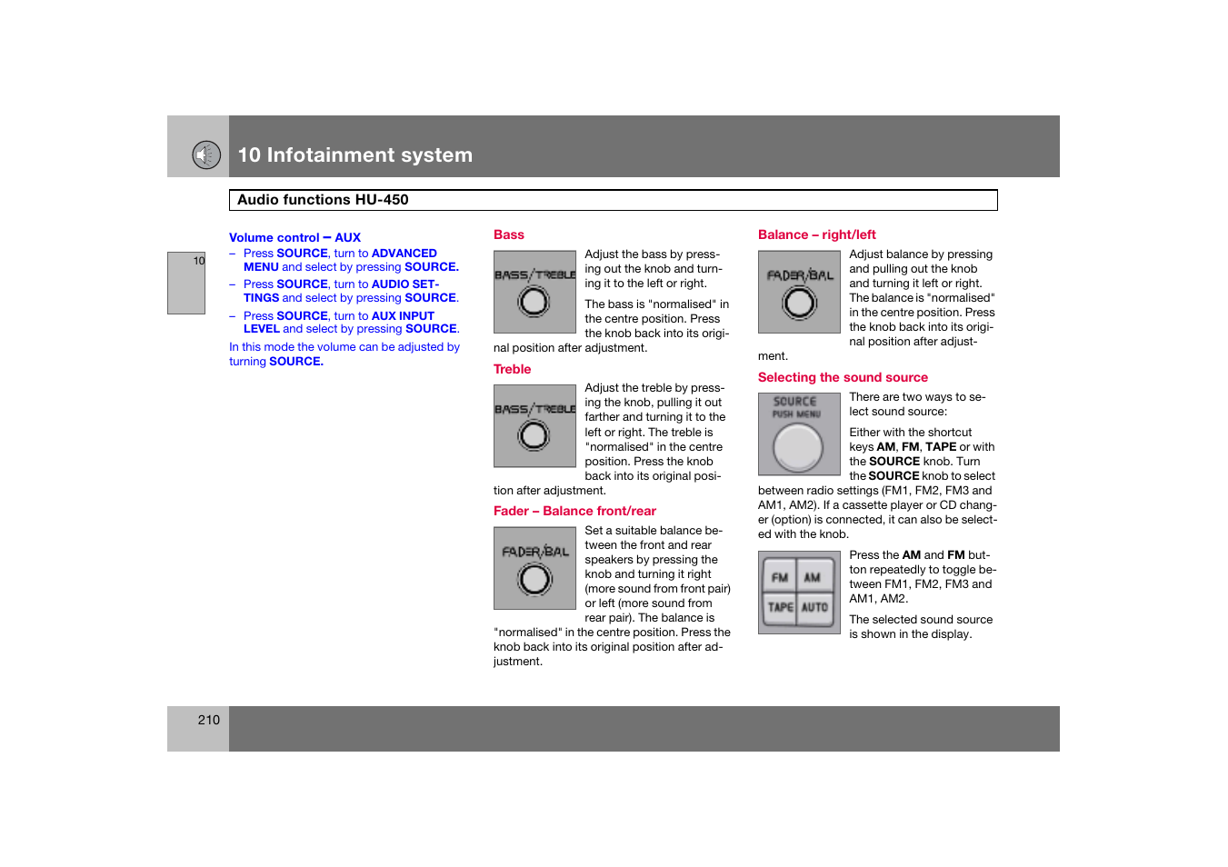 Bass, Audio functions hu-450, 10 infotainment system | Volvo S60 S60R User Manual | Page 211 / 265