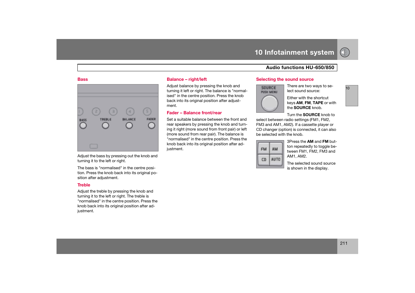 Bass, Selecting the sound source, Audio functions hu-650/850 | 10 infotainment system | Volvo S60 S60R User Manual | Page 212 / 265