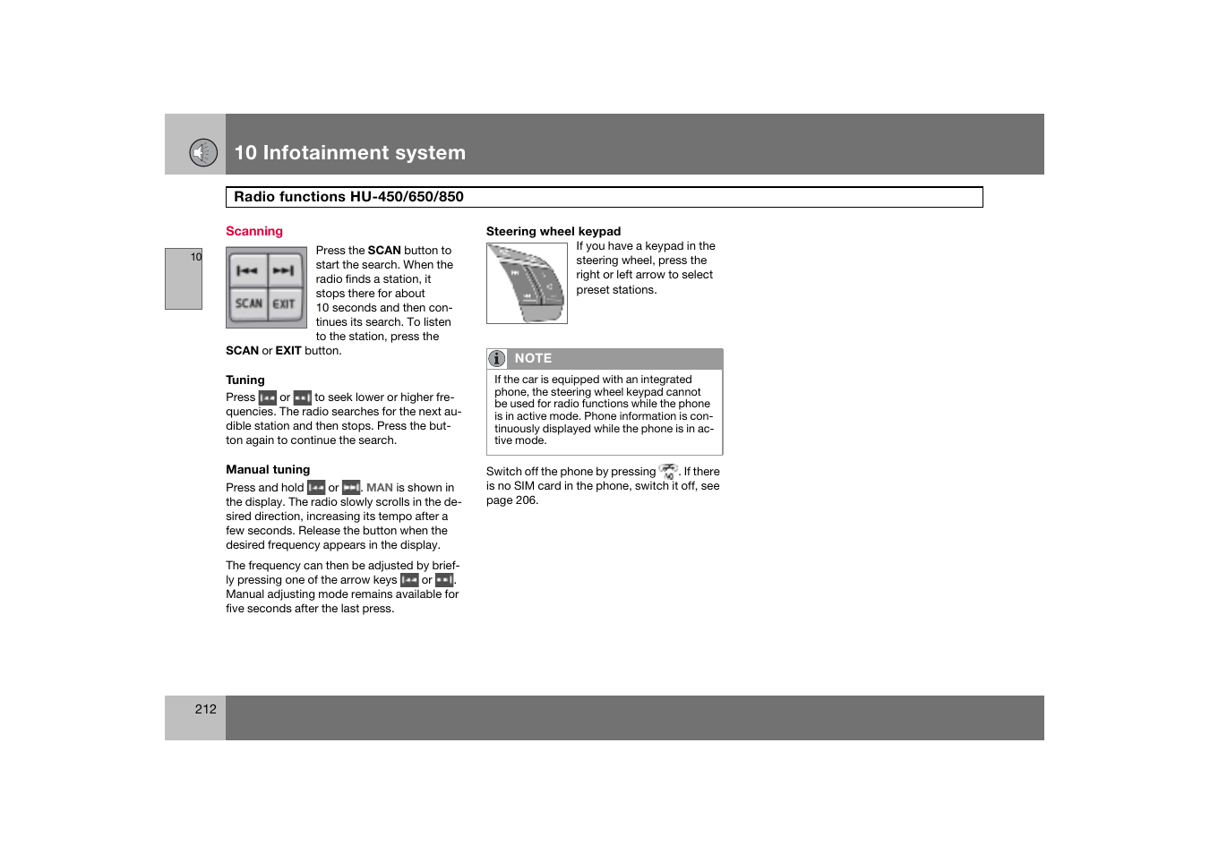 Scanning, Radio functions hu-450/650/850, 10 infotainment system | Volvo S60 S60R User Manual | Page 213 / 265