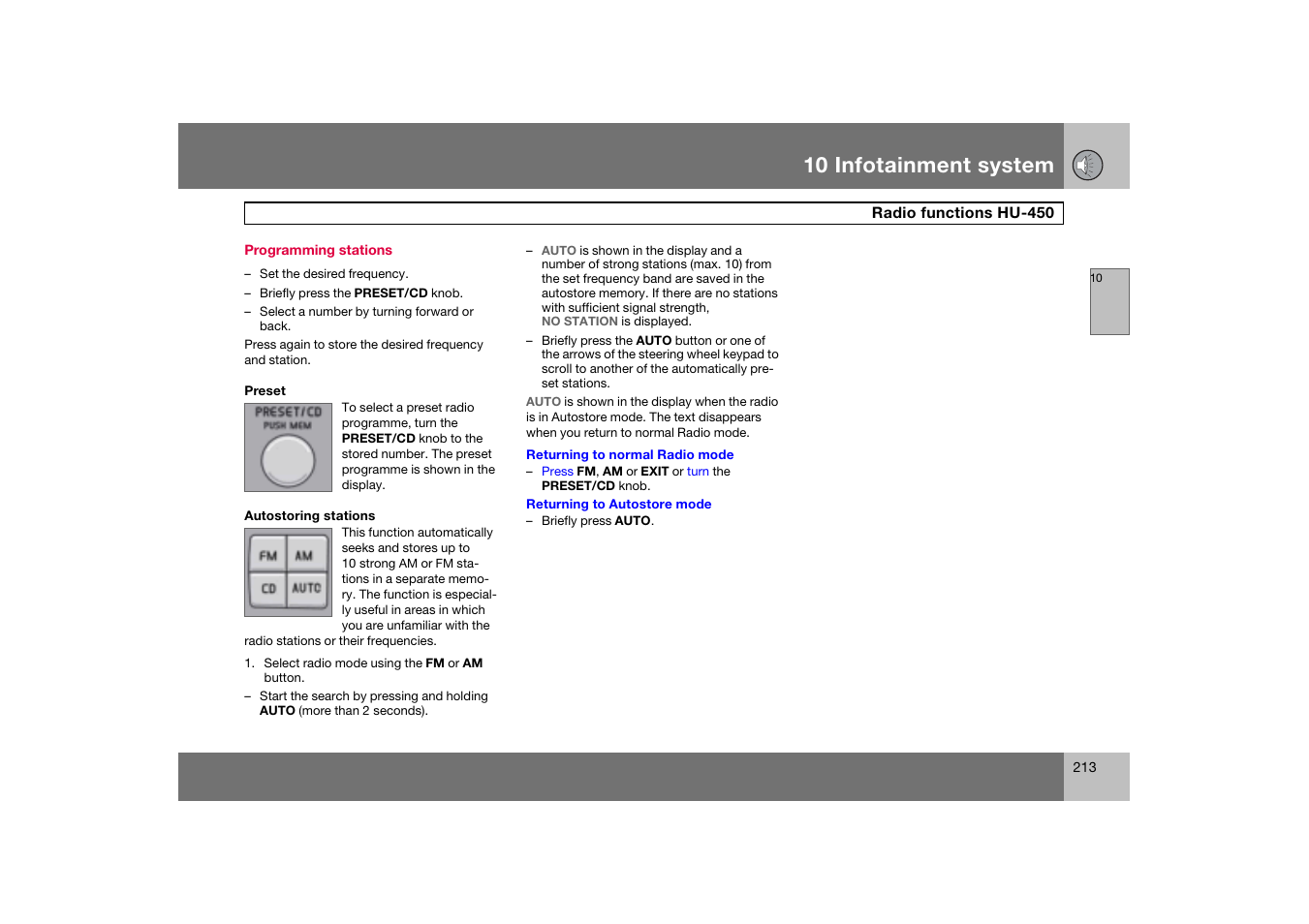 Programming stations, Radio functions hu-450, 10 infotainment system | Volvo S60 S60R User Manual | Page 214 / 265