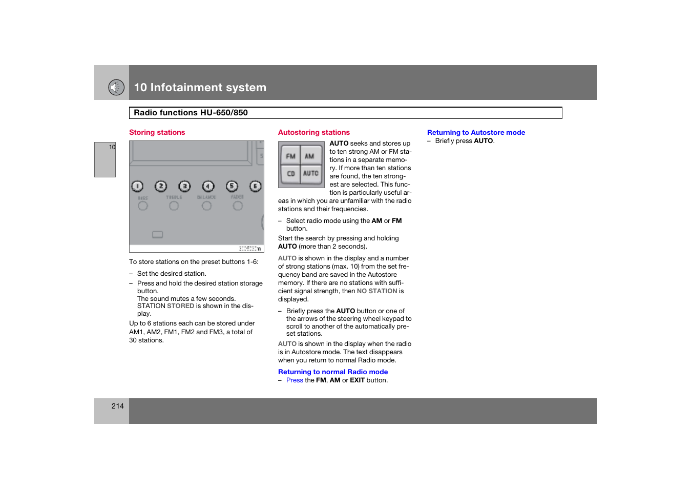 Storing stations, Autostoring stations, Radio functions hu-650/850 | 10 infotainment system | Volvo S60 S60R User Manual | Page 215 / 265