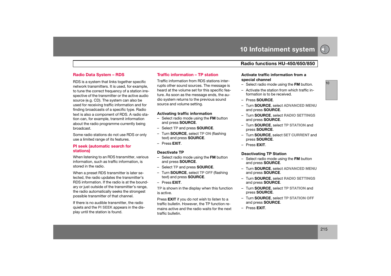 Radio data system - rds, Radio functions hu-450/650/850, 10 infotainment system | Volvo S60 S60R User Manual | Page 216 / 265