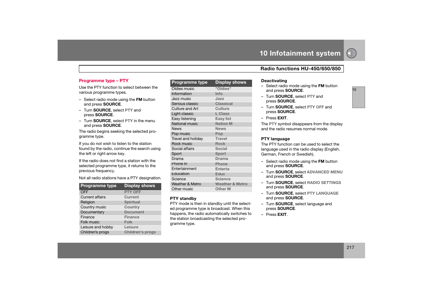 Programme type - pty, 10 infotainment system | Volvo S60 S60R User Manual | Page 218 / 265