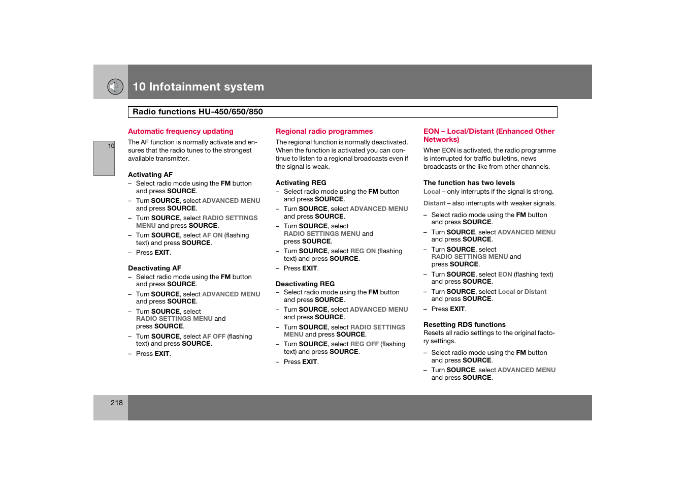 Automatic frequency updating, Regional radio programmes, 10 infotainment system | Volvo S60 S60R User Manual | Page 219 / 265