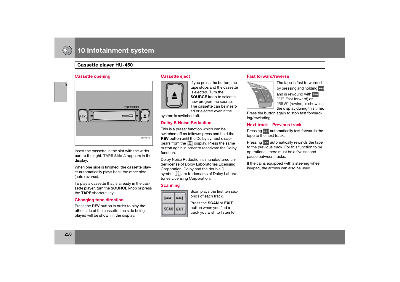 Cassette opening, Cassette player hu-450, 10 infotainment system | Volvo S60 S60R User Manual | Page 221 / 265