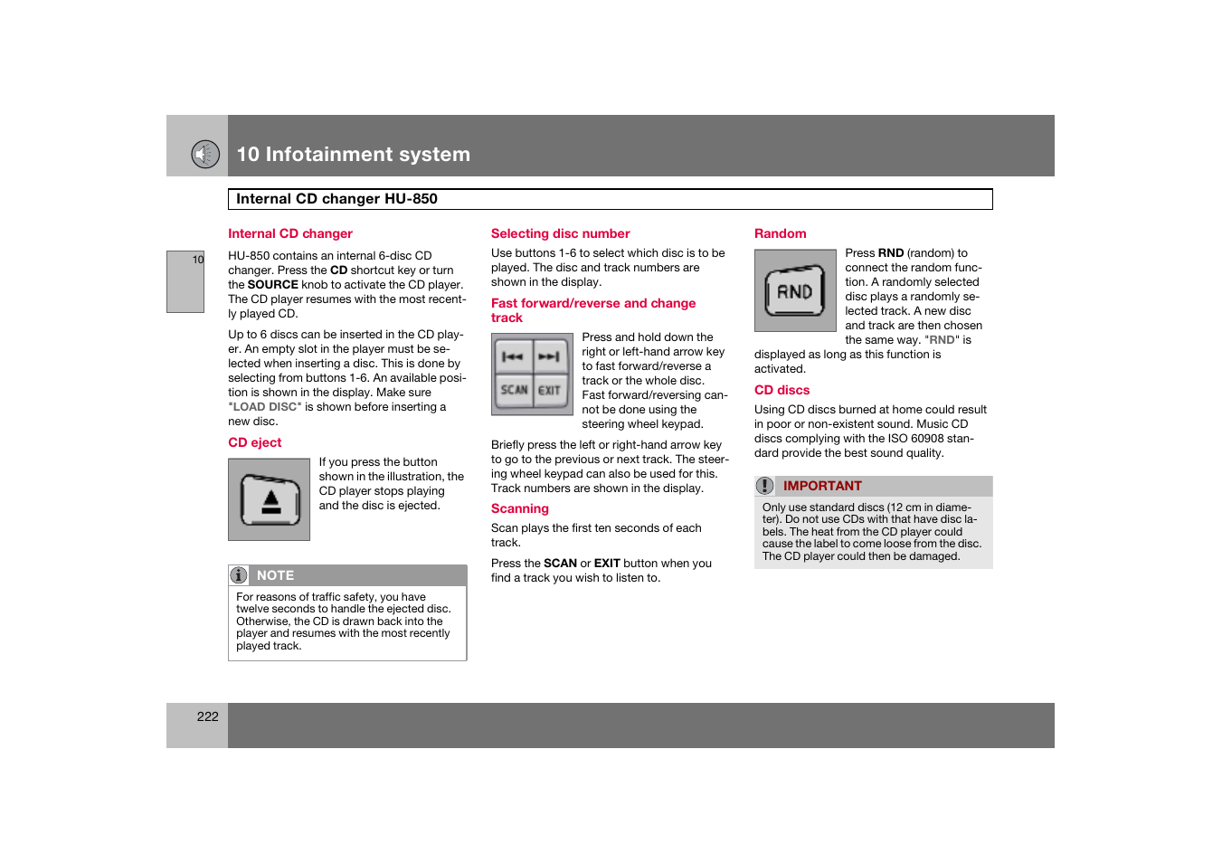 Internal cd changer, Random, Internal cd changer hu-850 | 10 infotainment system | Volvo S60 S60R User Manual | Page 223 / 265