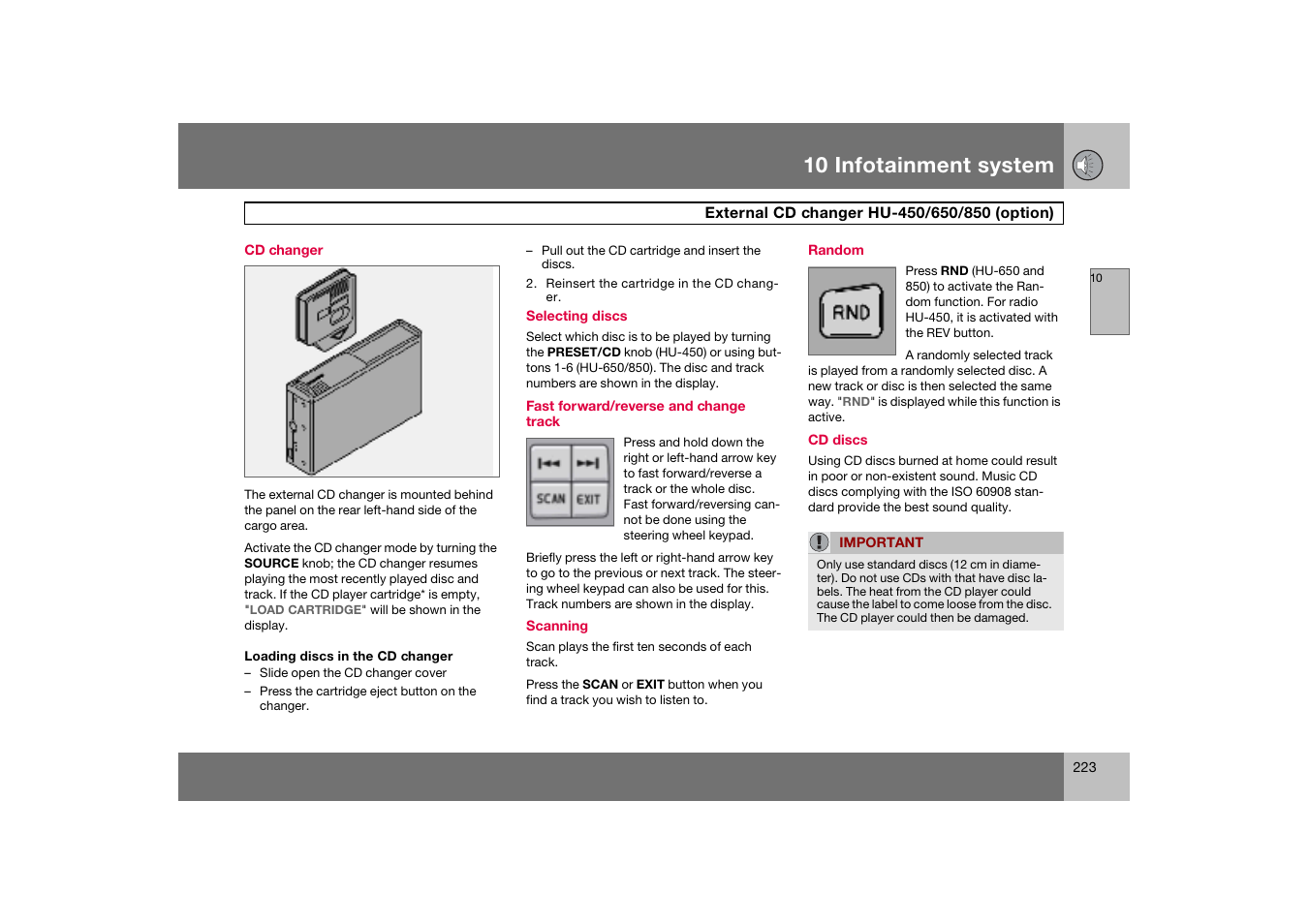 Cd changer, Random, External cd changer | Hu-450/650/850 (option), External cd changer hu-450/650/850 (option), 10 infotainment system | Volvo S60 S60R User Manual | Page 224 / 265