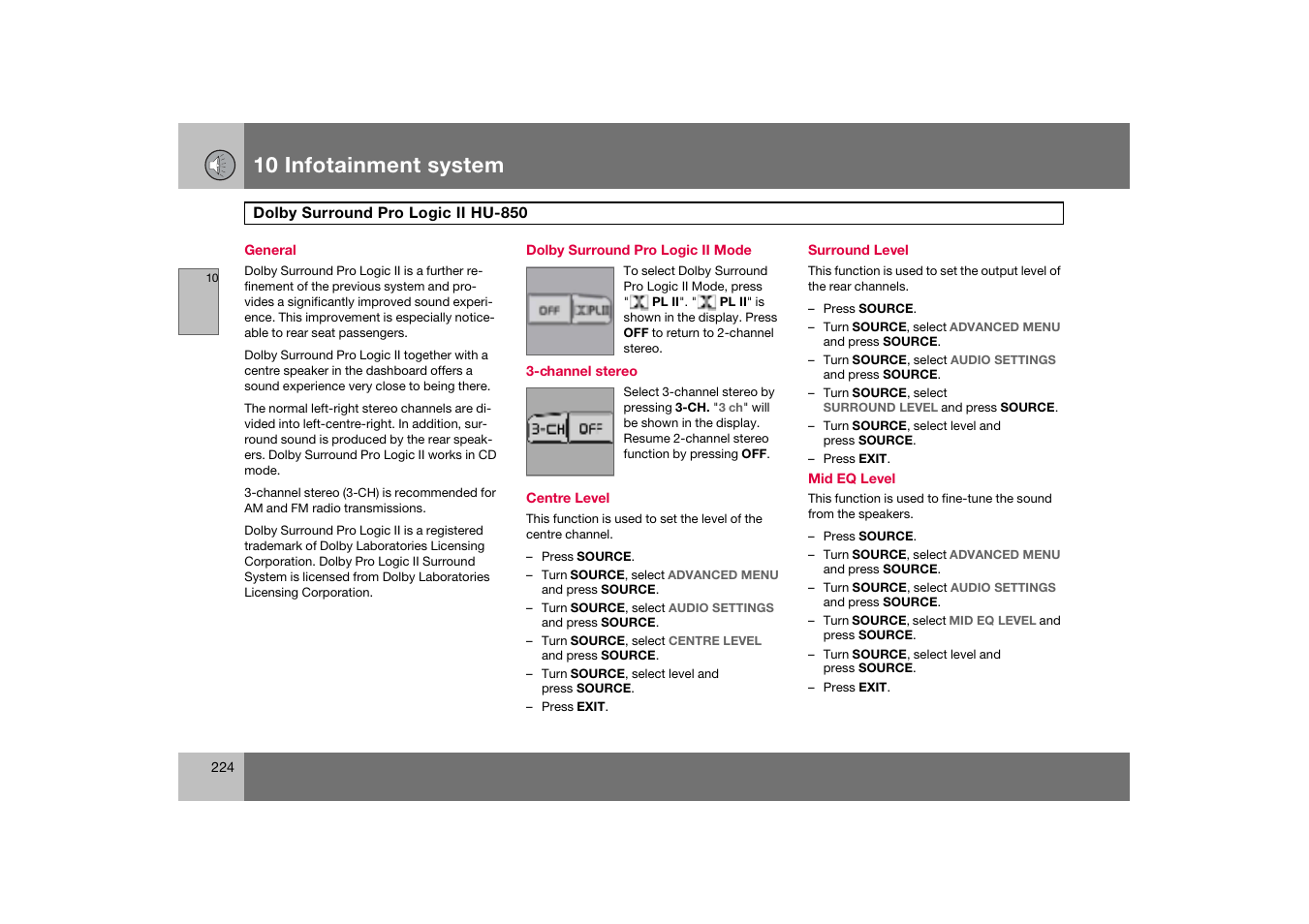 General, Dolby surround pro logic ii mode, Dolby surround pro logic ii | Hu-850, Dolby surround pro logic ii hu-850, 10 infotainment system | Volvo S60 S60R User Manual | Page 225 / 265