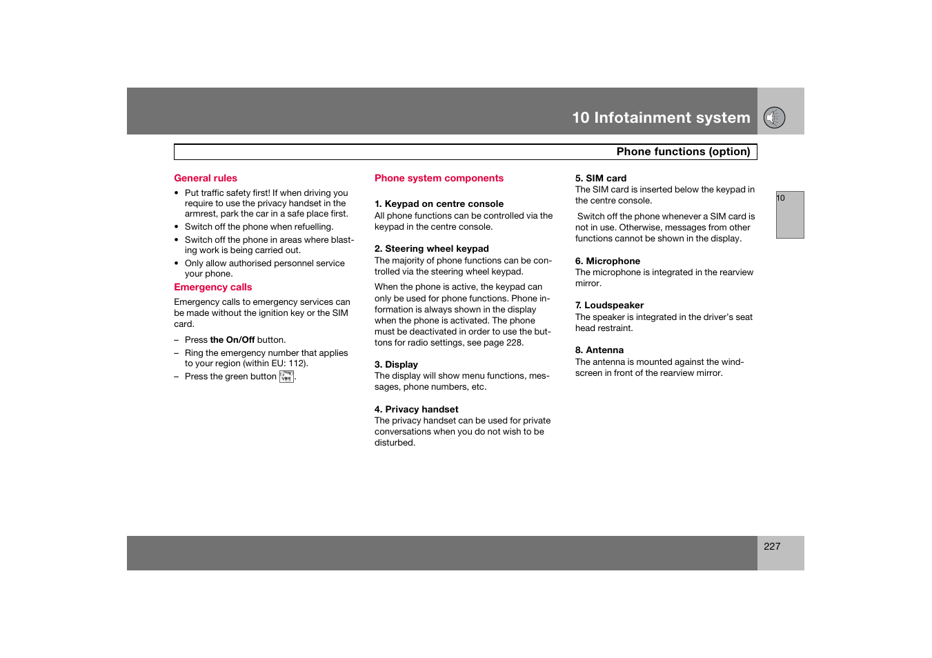 General rules, Phone system components, 10 infotainment system | Volvo S60 S60R User Manual | Page 228 / 265