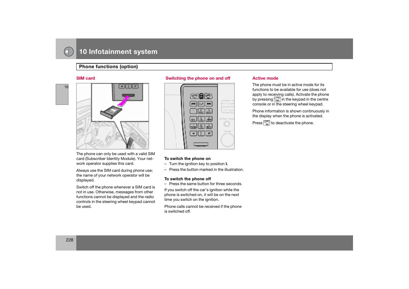 Sim card, Switching the phone on and off, Active mode | 10 infotainment system | Volvo S60 S60R User Manual | Page 229 / 265