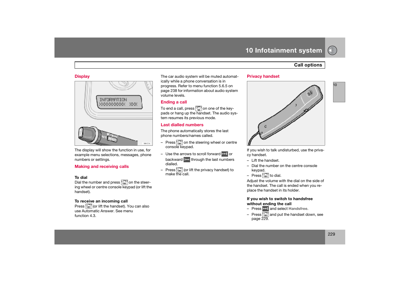 Display, Privacy handset, Call options | 10 infotainment system | Volvo S60 S60R User Manual | Page 230 / 265