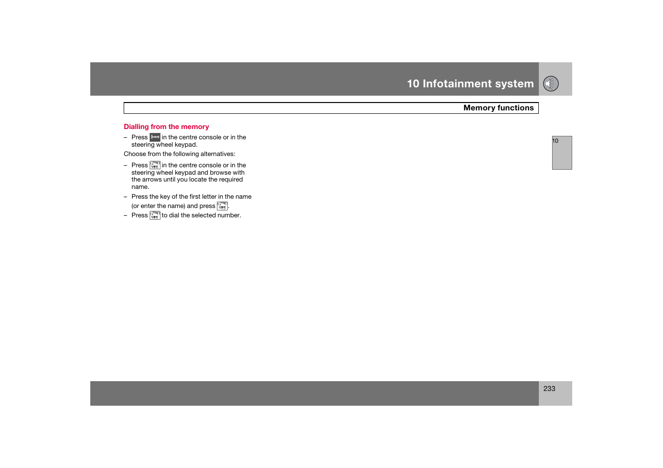 Dialling from the memory, 10 infotainment system | Volvo S60 S60R User Manual | Page 234 / 265