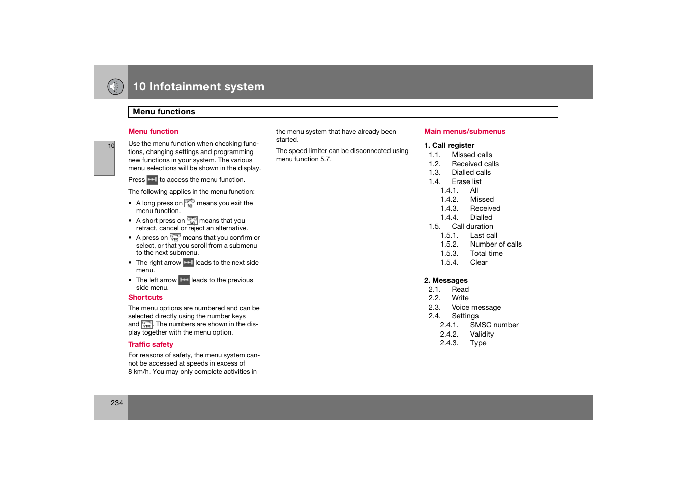 Menu function, Main menus/submenus, Call register | Missed calls, Received calls, Dialled calls, Erase list, Missed, Received, Dialled | Volvo S60 S60R User Manual | Page 235 / 265