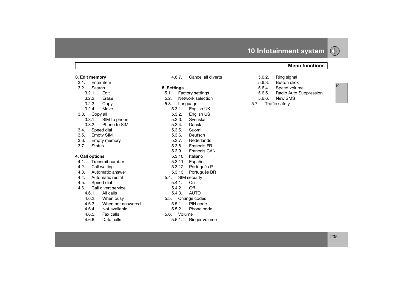 Edit memory, Enter item, Search | Edit, Erase, Copy, Move, Copy all, Sim to phone, Phone to sim | Volvo S60 S60R User Manual | Page 236 / 265