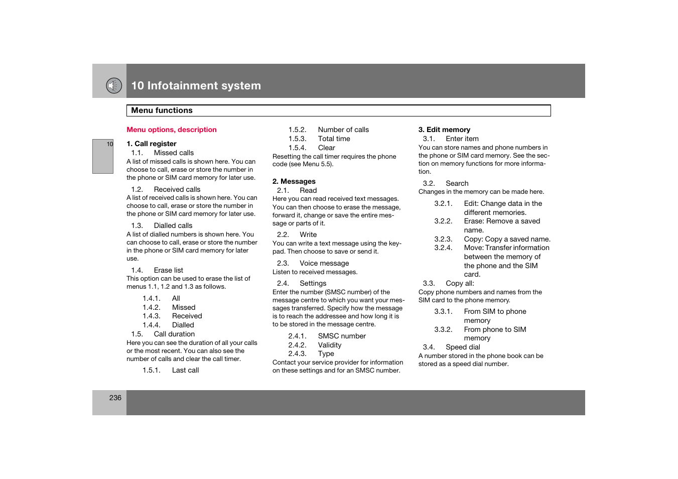 Menu options, description, Call register, Missed calls | Received calls, Dialled calls, Erase list, Missed, Received, Dialled, Call duration | Volvo S60 S60R User Manual | Page 237 / 265