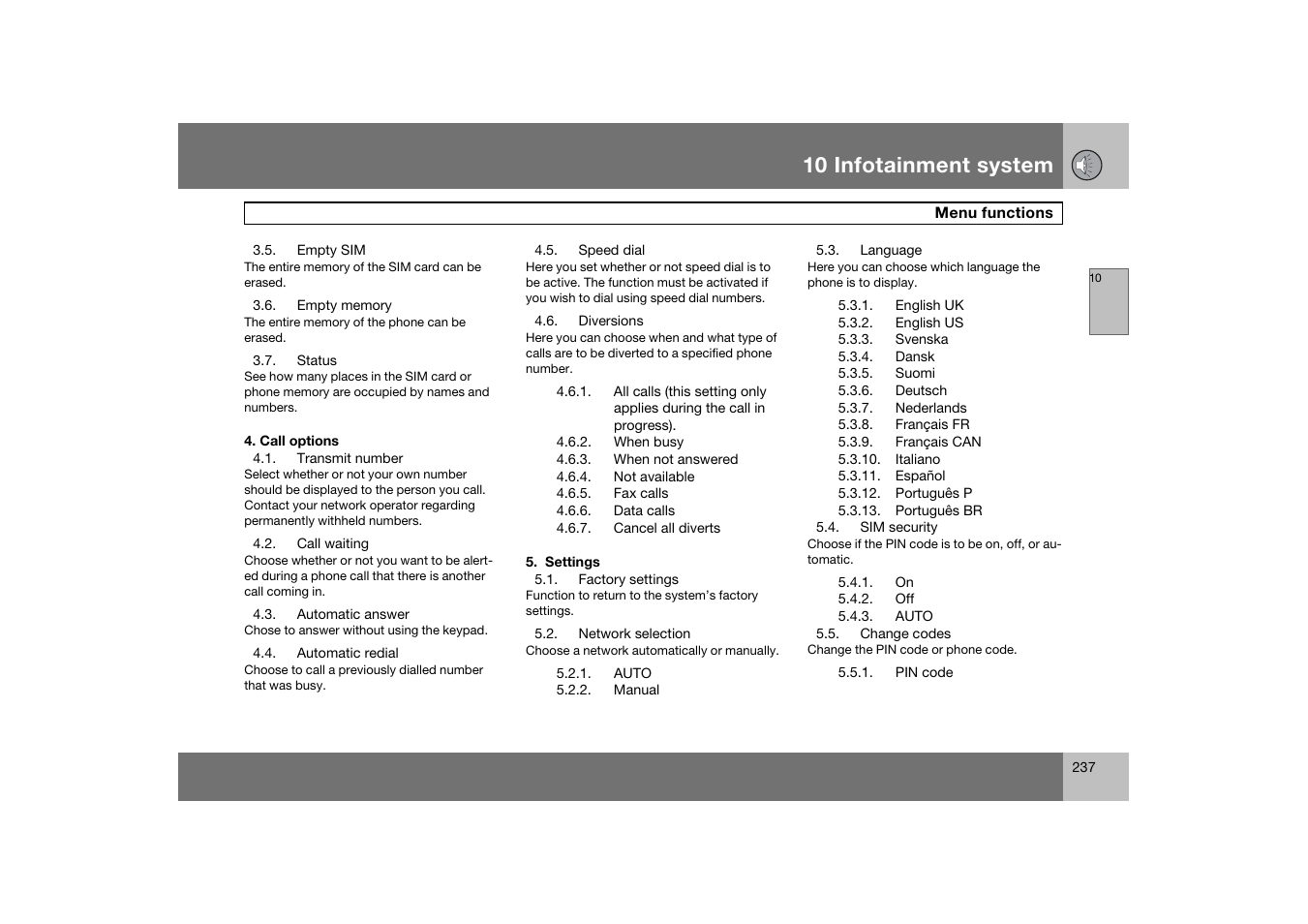 Empty sim, Empty memory, Status | Call options, Transmit number, Call waiting, Automatic answer, Automatic redial, Speed dial, Diversions | Volvo S60 S60R User Manual | Page 238 / 265