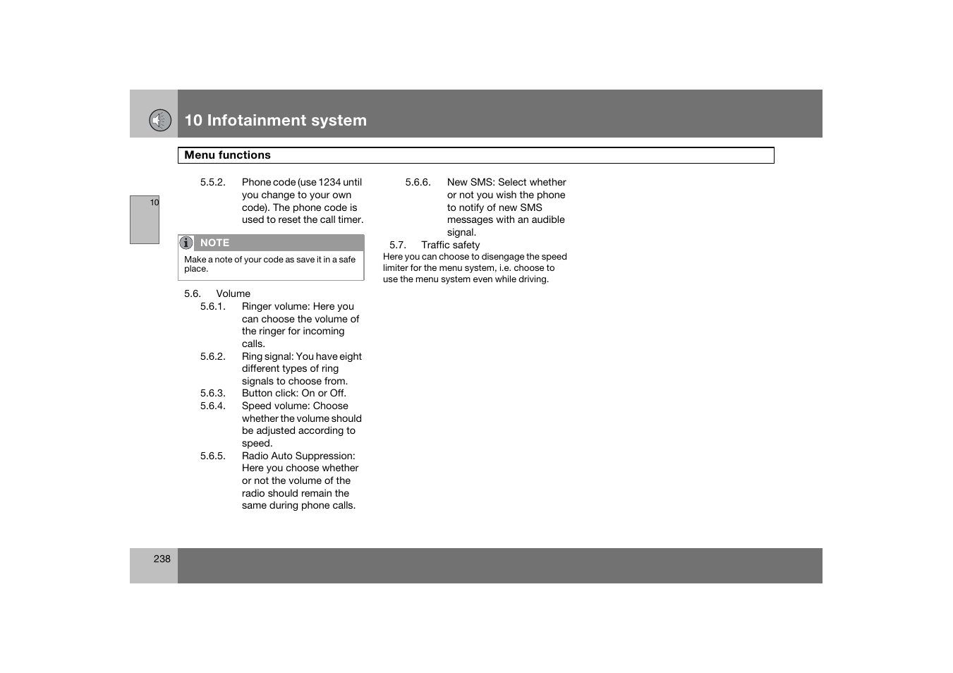 Volume, Button click: on or off, Traffic safety | 10 infotainment system | Volvo S60 S60R User Manual | Page 239 / 265