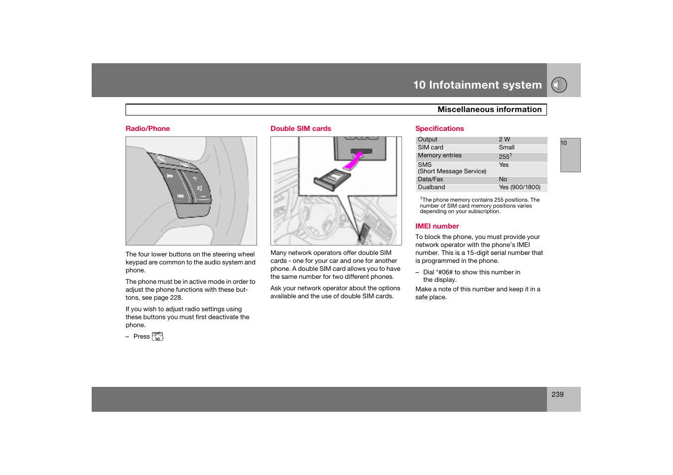 Radio/phone, Double sim cards, Specifications | Miscellaneous information, 10 infotainment system | Volvo S60 S60R User Manual | Page 240 / 265