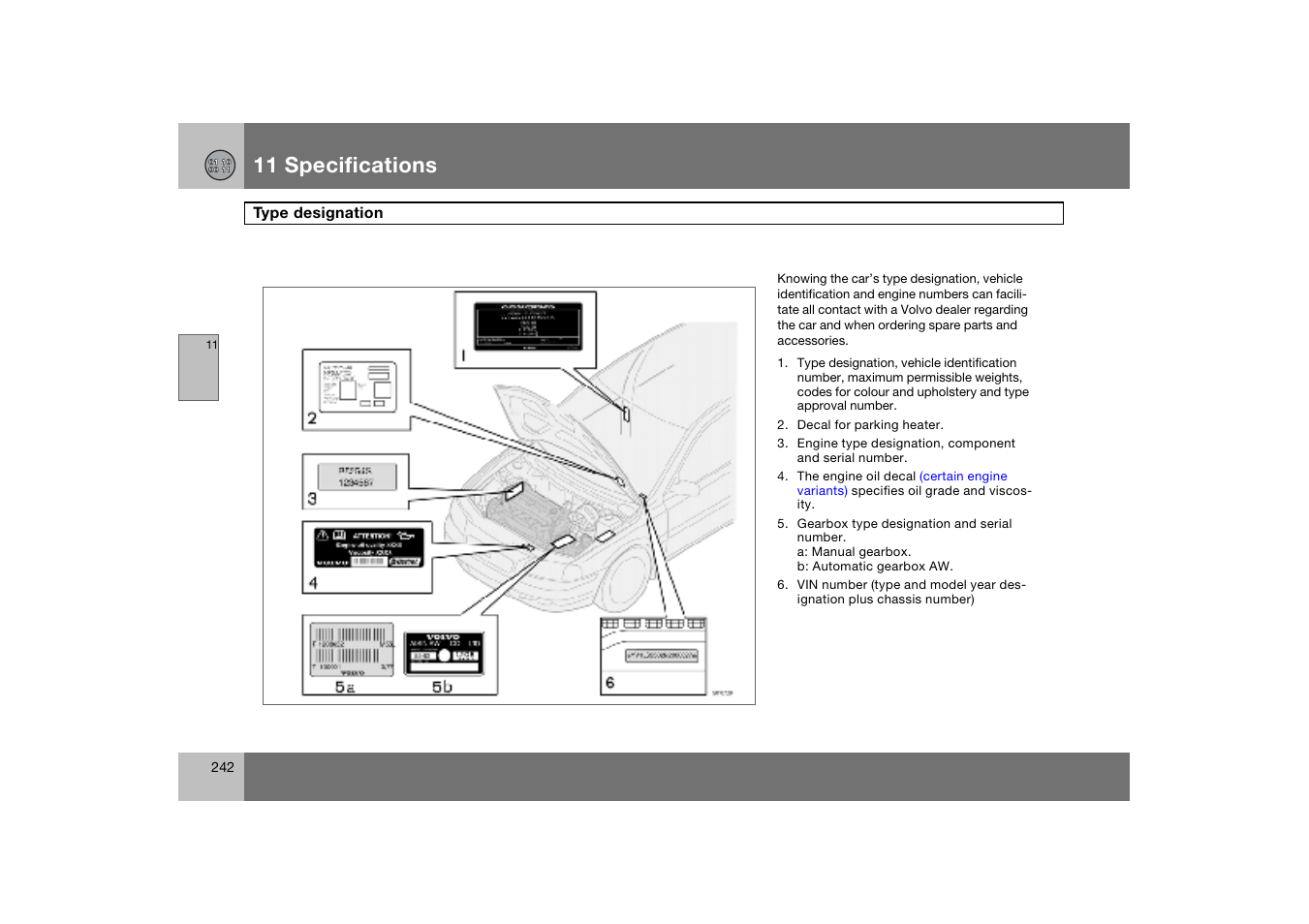 Type designation, 11 specifications | Volvo S60 S60R User Manual | Page 243 / 265
