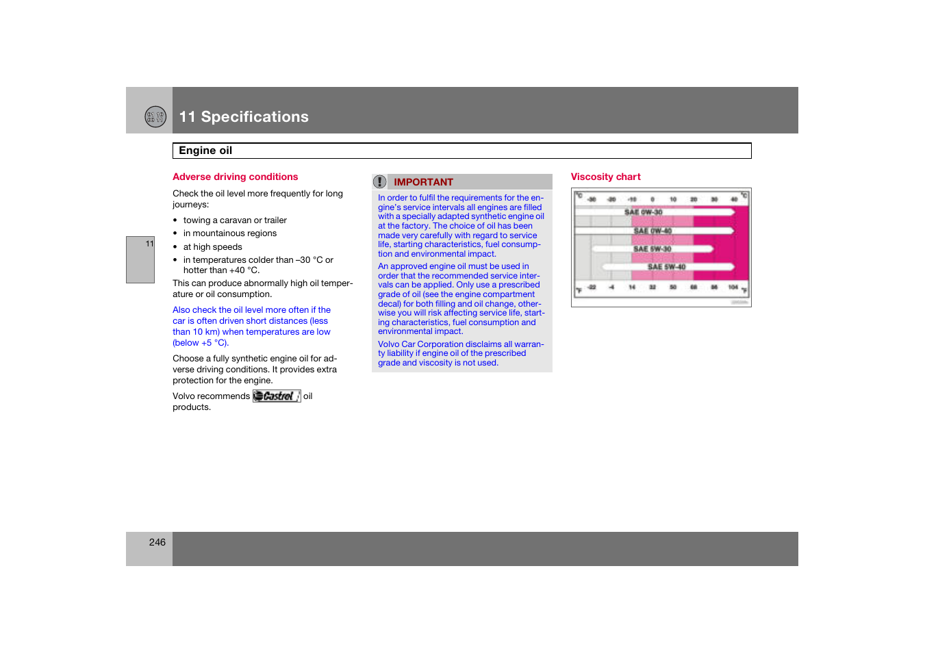 Adverse driving conditions, Viscosity chart, Engine oil | 11 specifications | Volvo S60 S60R User Manual | Page 247 / 265