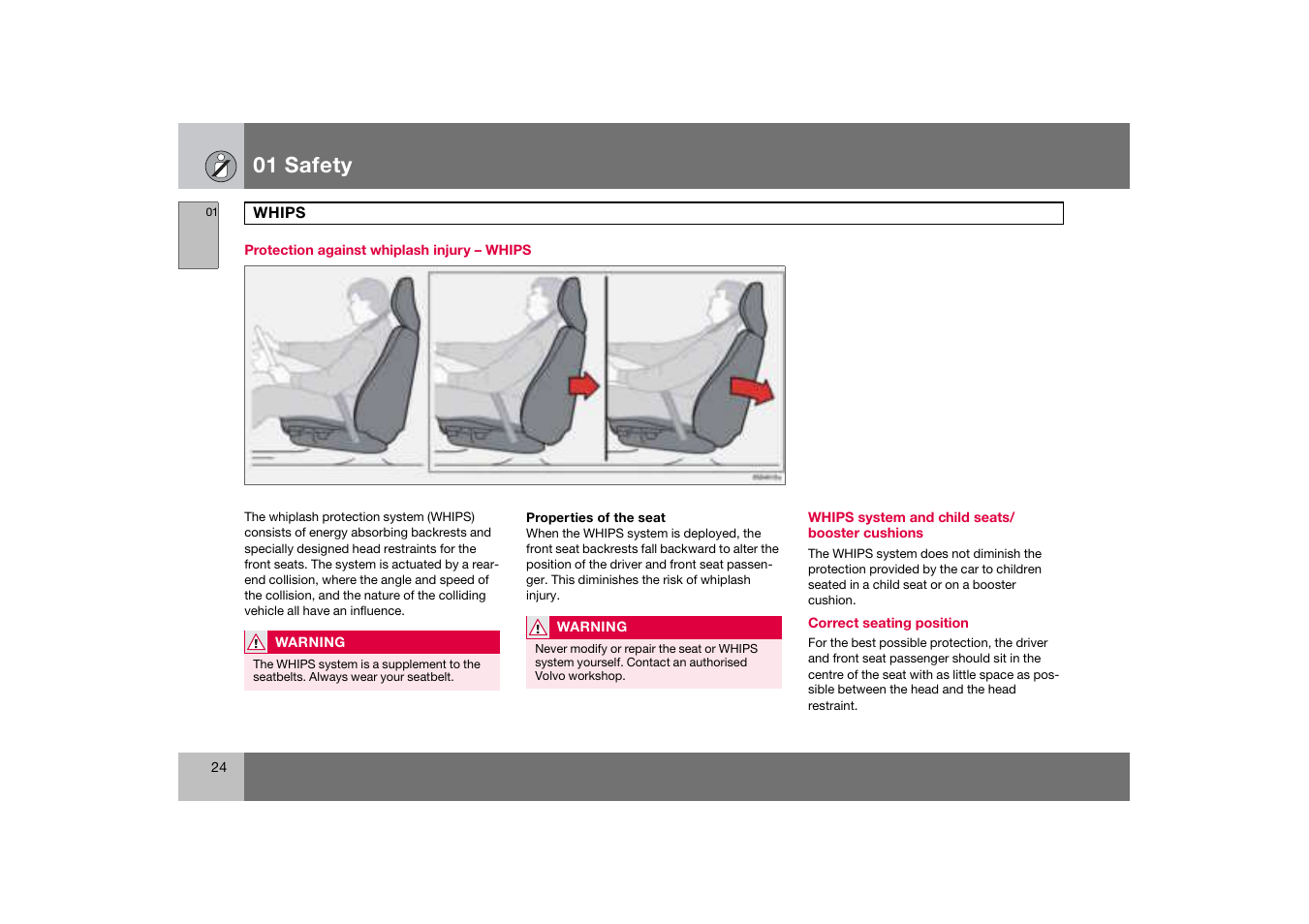 Protection against whiplash injury - whips, Whips system and child seats/ booster cushions, Whips | 01 safety | Volvo S60 S60R User Manual | Page 25 / 265