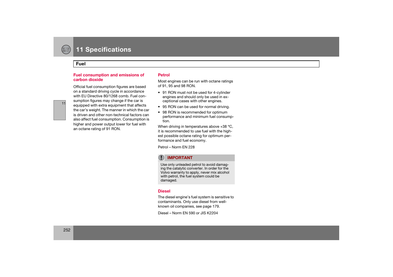 Fuel consumption and emissions of carbon dioxide, Petrol, 11 specifications | Volvo S60 S60R User Manual | Page 253 / 265