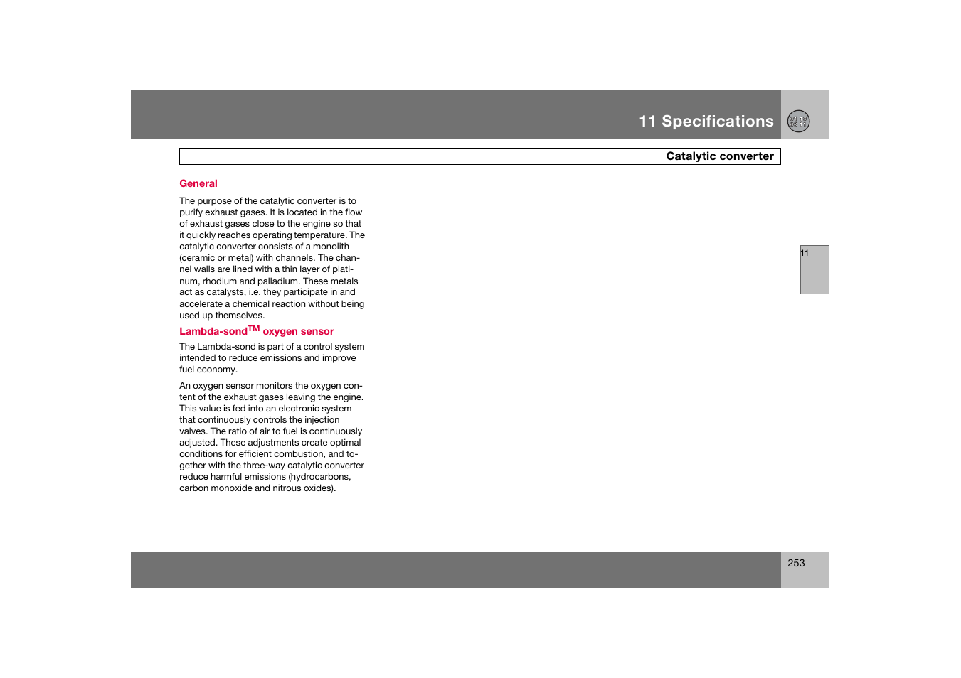 General, Catalytic converter, 11 specifications | Volvo S60 S60R User Manual | Page 254 / 265