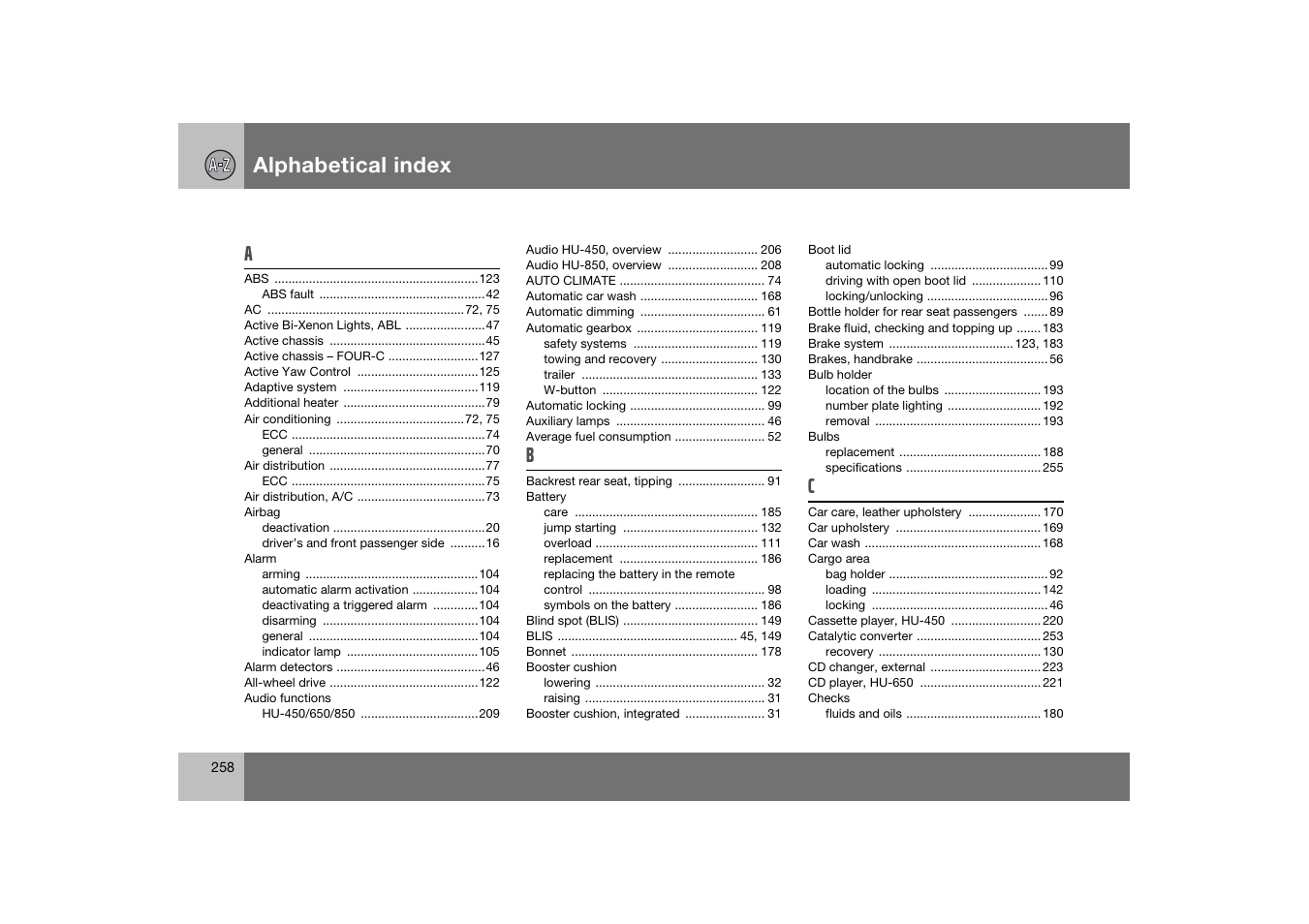 Alphabetical index | Volvo S60 S60R User Manual | Page 259 / 265