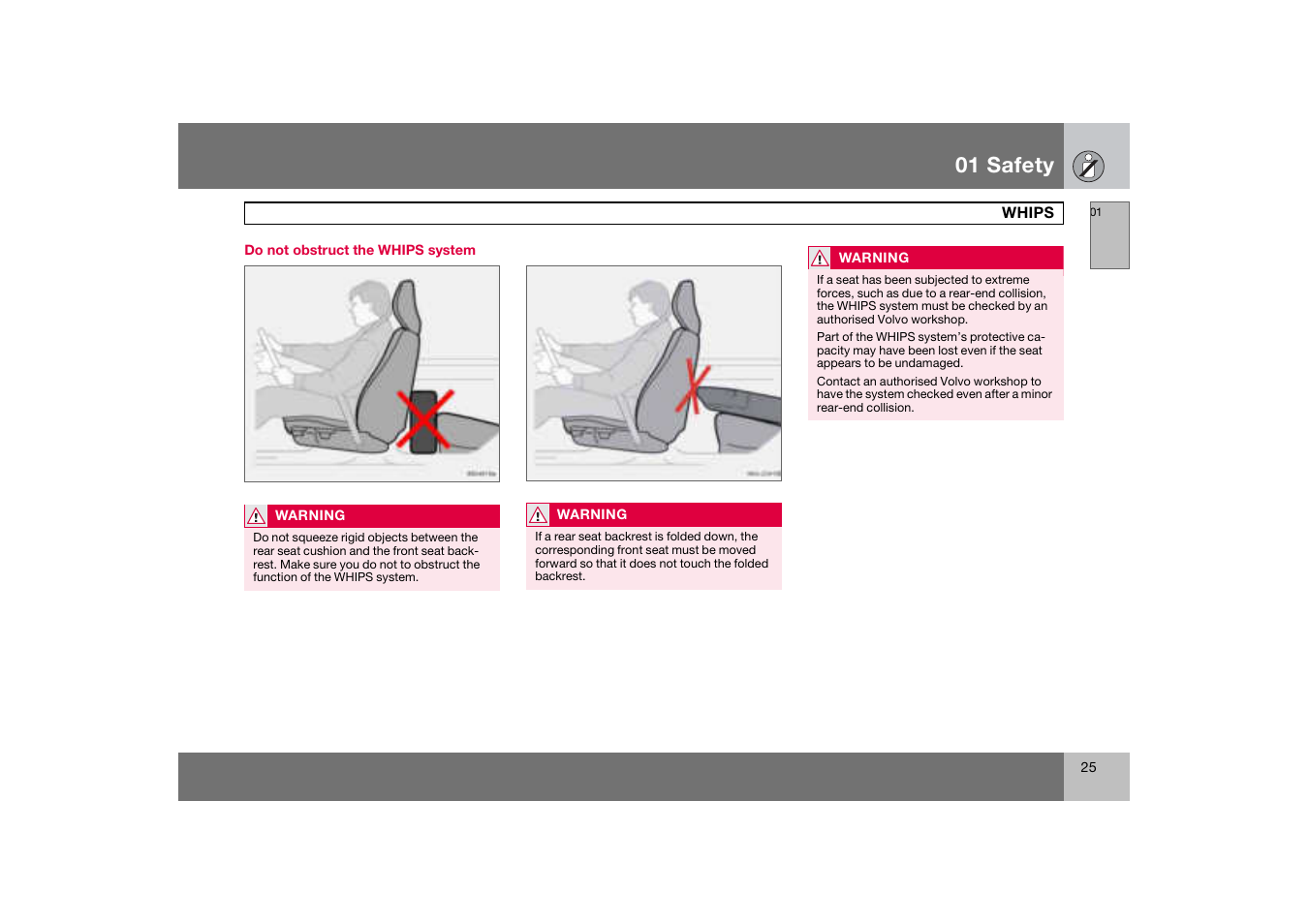 Do not obstruct the whips system, 01 safety | Volvo S60 S60R User Manual | Page 26 / 265