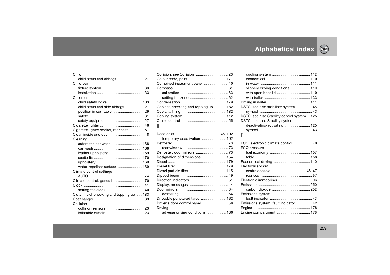 Alphabetical index | Volvo S60 S60R User Manual | Page 260 / 265