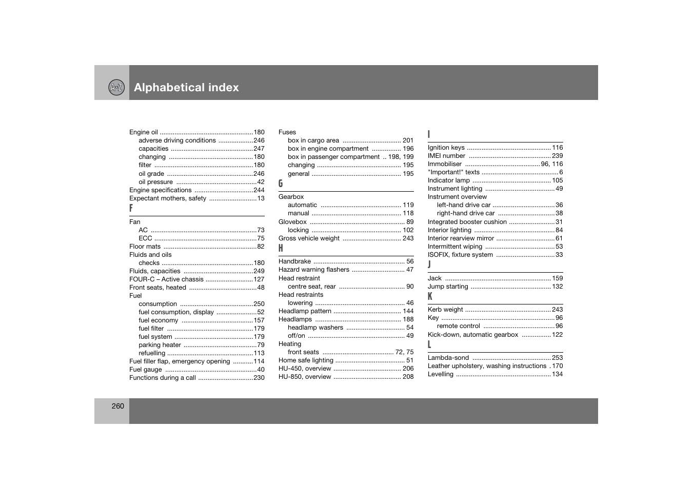 Alphabetical index | Volvo S60 S60R User Manual | Page 261 / 265