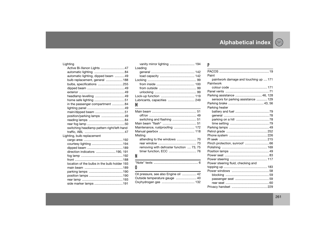 Alphabetical index | Volvo S60 S60R User Manual | Page 262 / 265