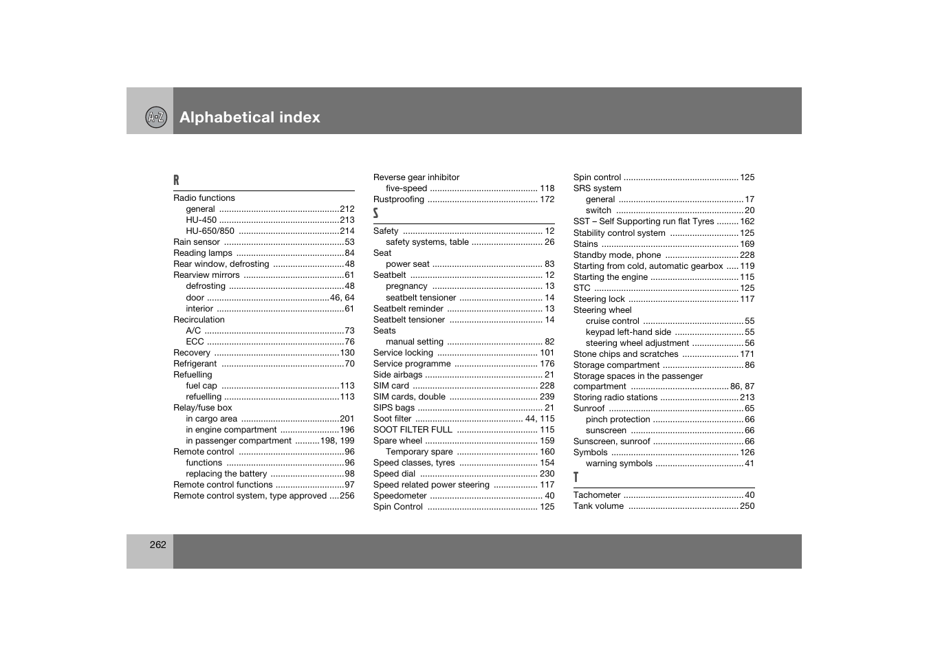 Alphabetical index | Volvo S60 S60R User Manual | Page 263 / 265