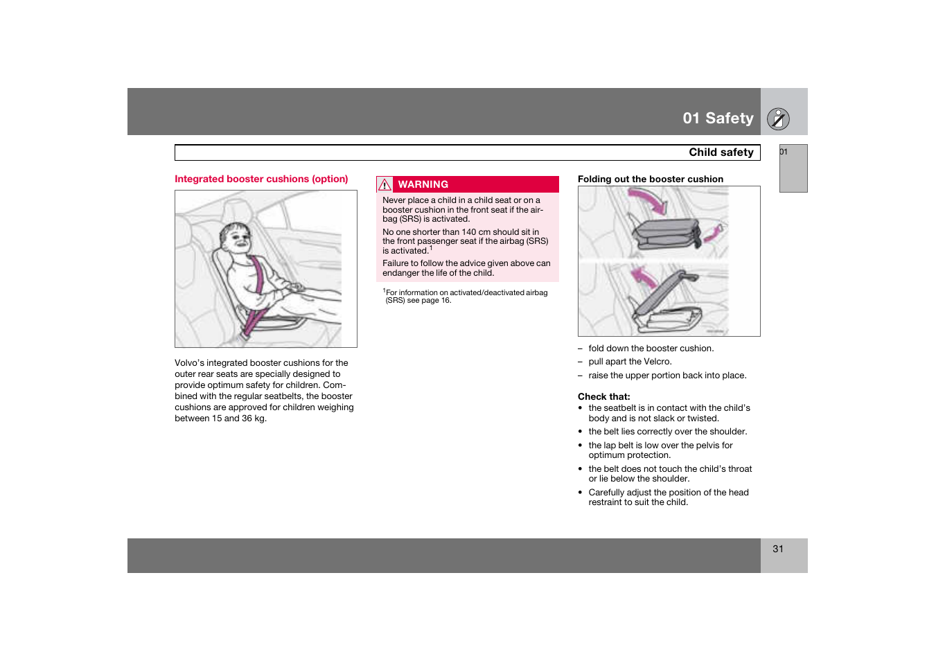 Integrated booster cushions (option), 01 safety | Volvo S60 S60R User Manual | Page 32 / 265