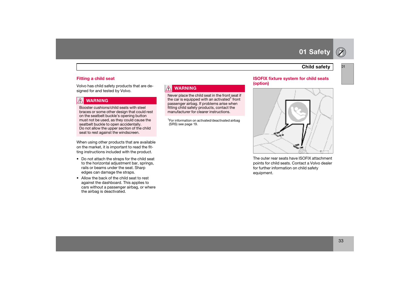 Fitting a child seat, Isofix fixture system for child seats (option), 01 safety | Volvo S60 S60R User Manual | Page 34 / 265