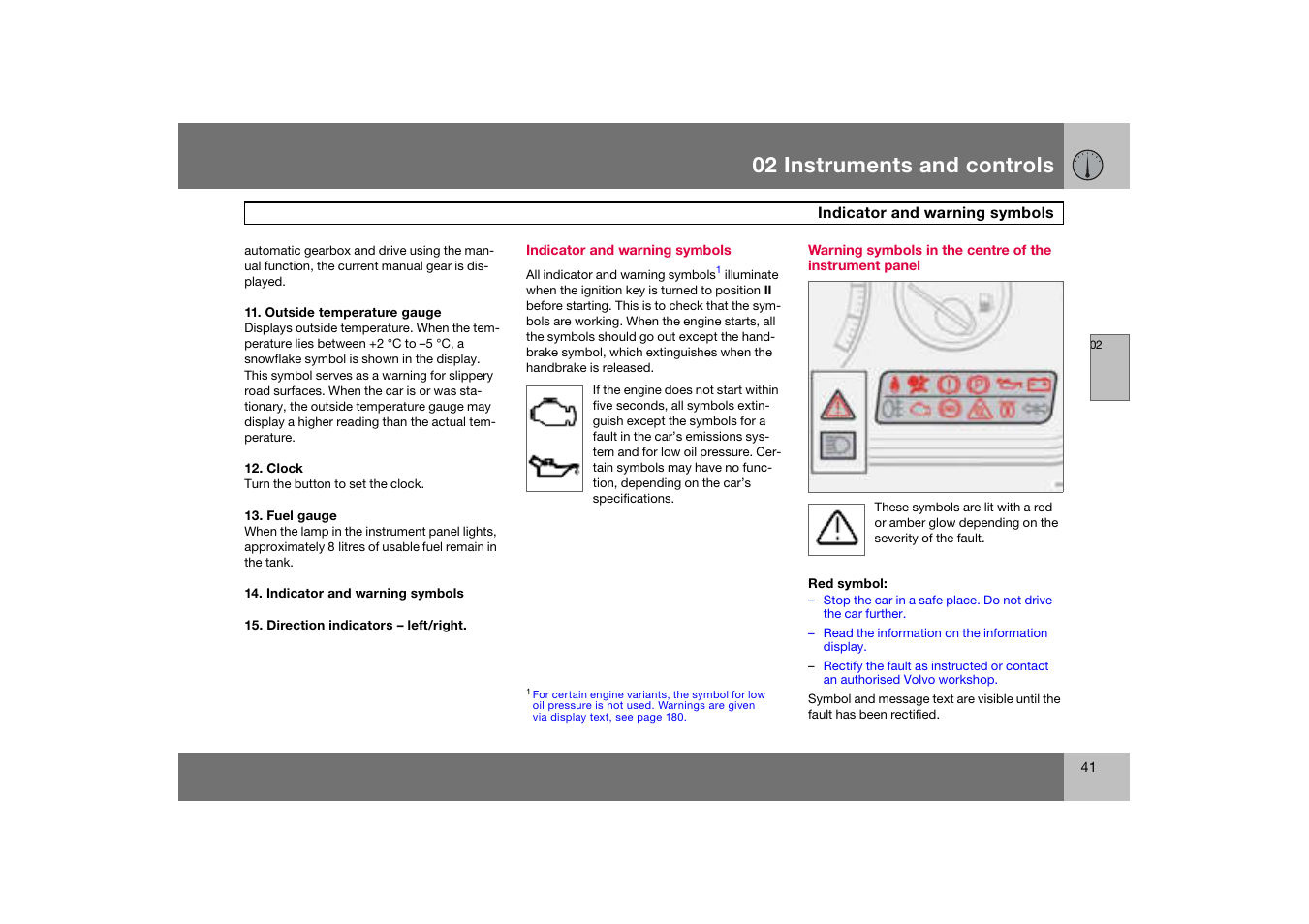 Indicator and warning symbols, 02 instruments and controls | Volvo S60 S60R User Manual | Page 42 / 265