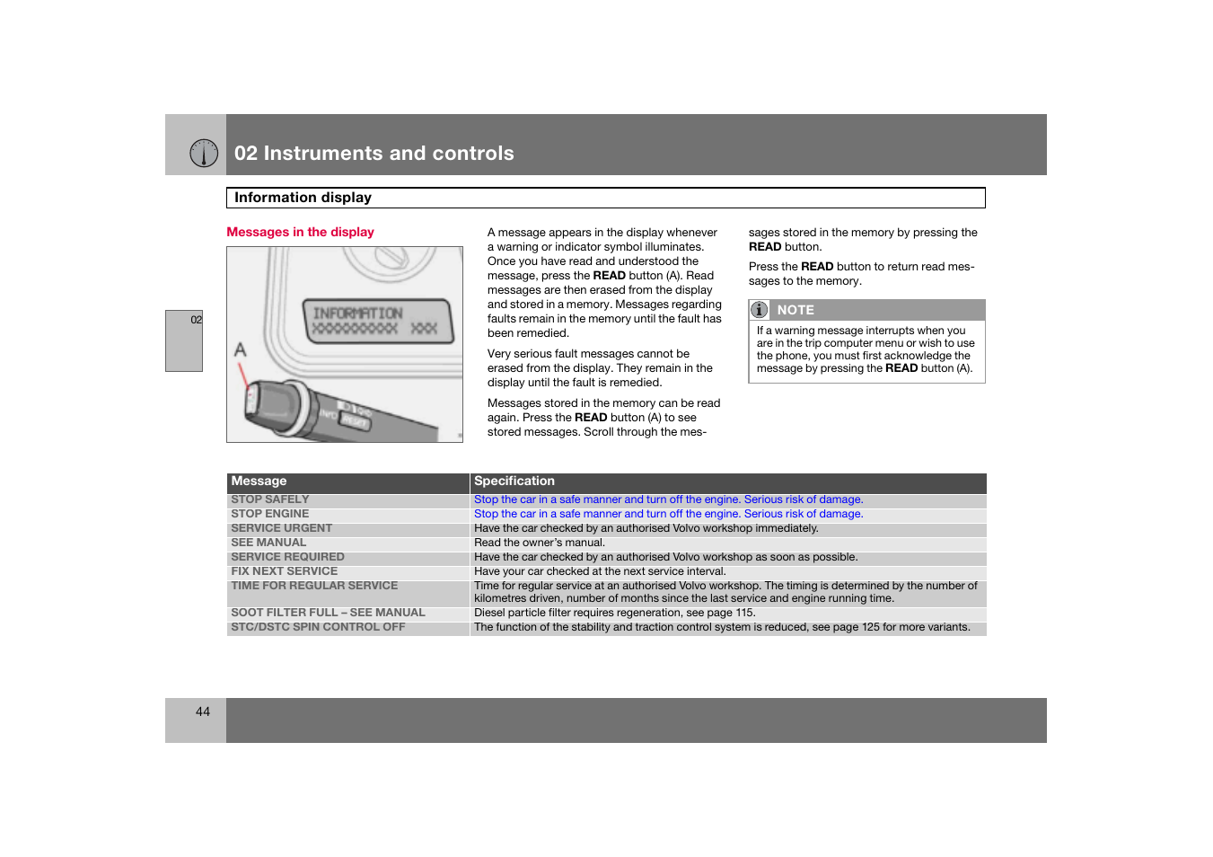 Messages in the display, Information display, 02 instruments and controls | Volvo S60 S60R User Manual | Page 45 / 265