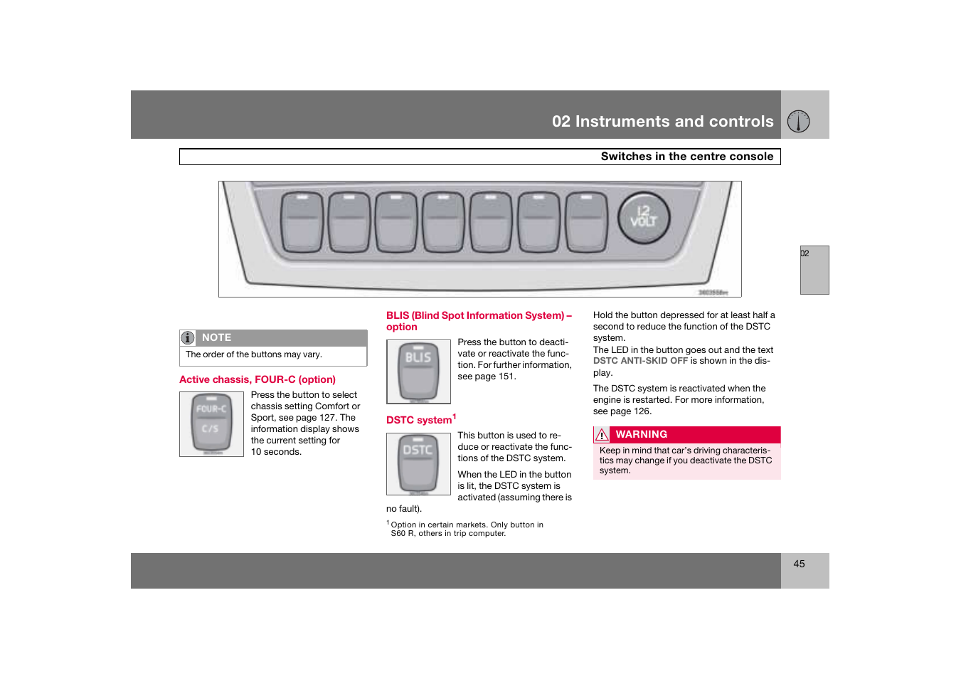 Switches in the centre console, 02 instruments and controls | Volvo S60 S60R User Manual | Page 46 / 265