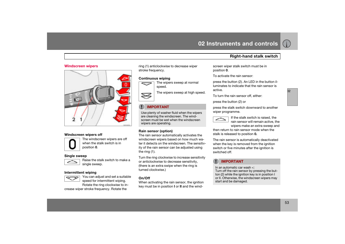 Windscreen wipers, Right-hand stalk switch, 02 instruments and controls | Volvo S60 S60R User Manual | Page 54 / 265