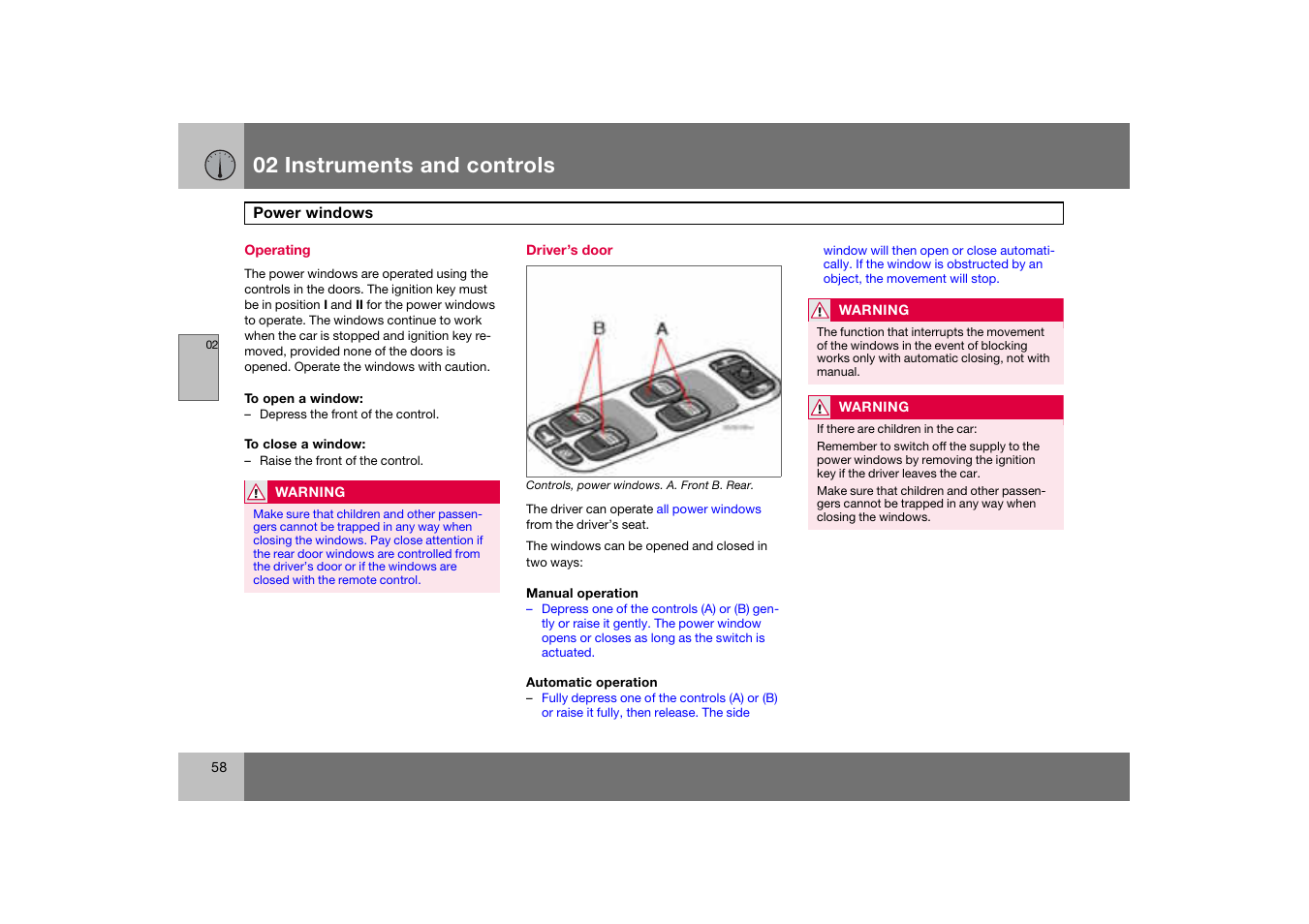 Operating, Power windows, 02 instruments and controls | Volvo S60 S60R User Manual | Page 59 / 265